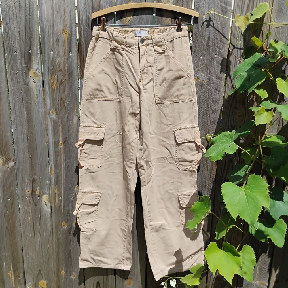 Love Fire Womens Cargo Pants Size 5 Khaki Beige Multi Pocket Tie Utility Y2K
